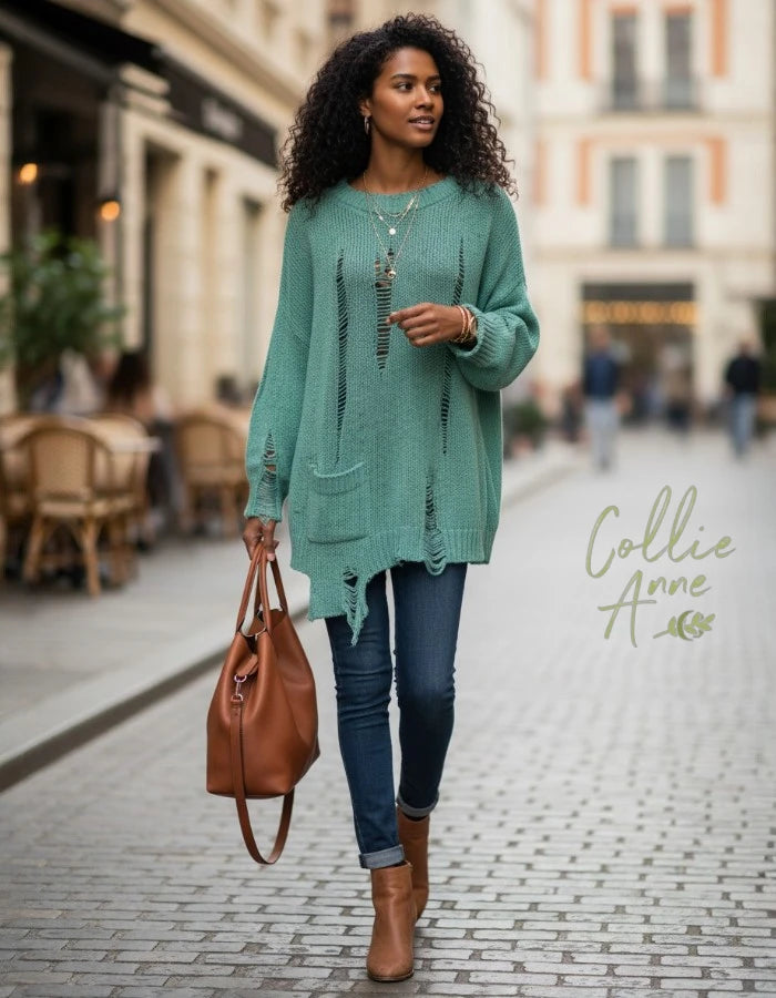 Distressed Knit with Feature Pocket - Indigo Blue