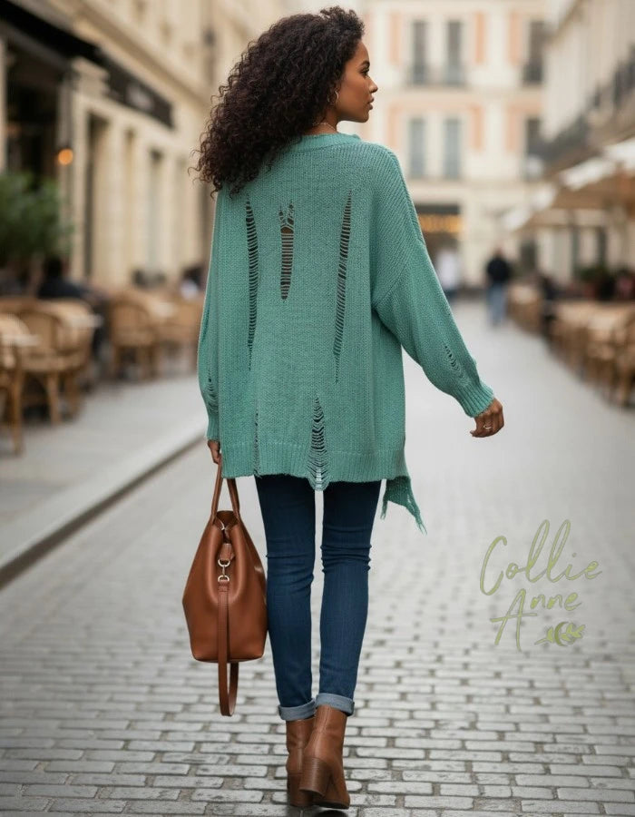 Distressed Knit with Feature Pocket - Turquoise Green