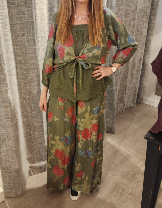 Khaki Linen Floral Pants