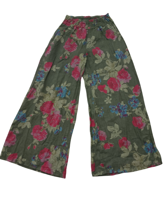 Khaki Linen Floral Pants