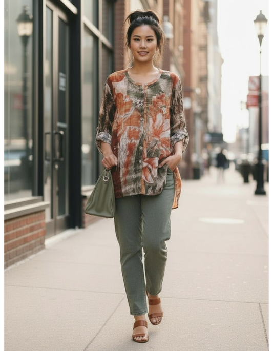 La Femme Viscose Shirt with Moss Rust Tones