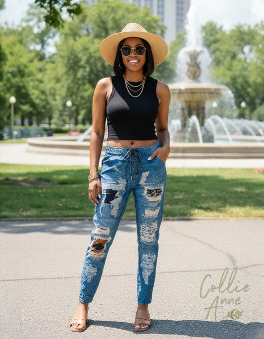 Blue Denim-look Stretch Pants with Printed Distress Frayed patchwork