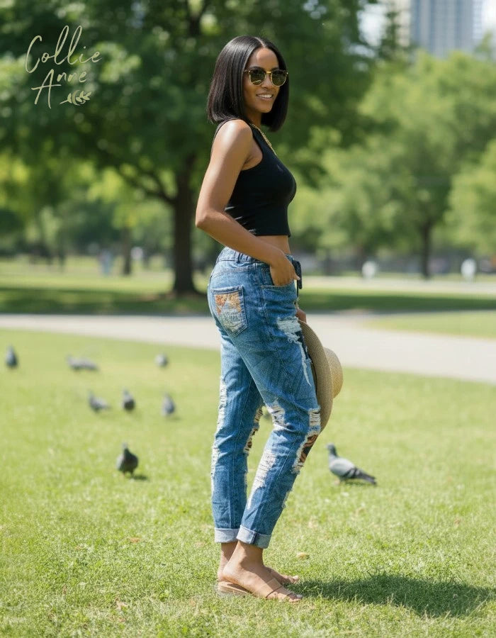 Blue Denim-look Stretch Pants with Printed Distress Frayed patchwork