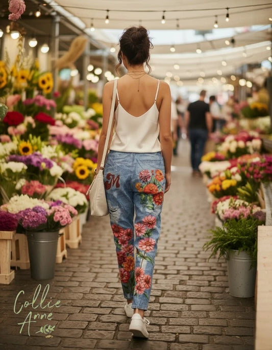 Blue denim-look stretch pants with flower print in meadow orange and pinks