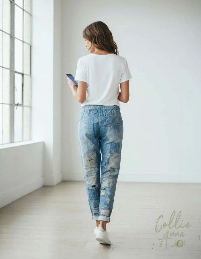 Blue Stretch Denim-Look Pants with Printed Distressed Patchwork