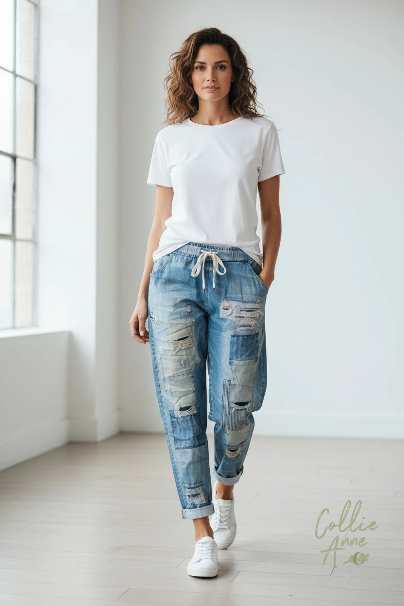 Blue Stretch Denim-Look Pants with Printed Distressed Patchwork