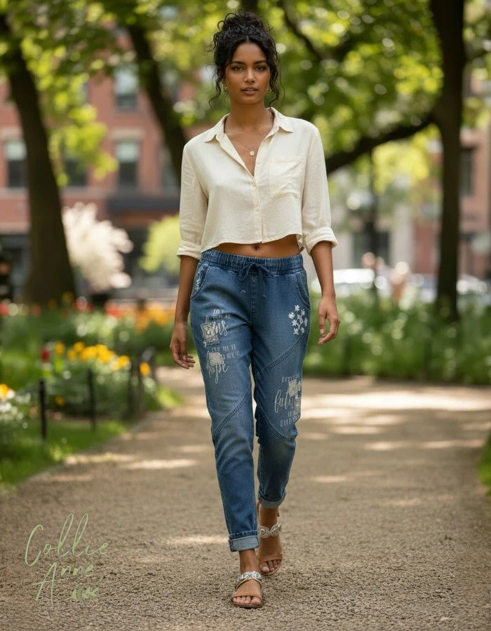 Blue Denim-look stretch pants 'For I know the stars'