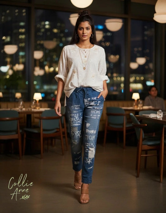 Blue Denim-Look Stretch & Shine Pants - When in Rome