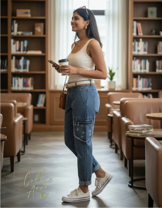 Stretch Denim Look Pants with Belt