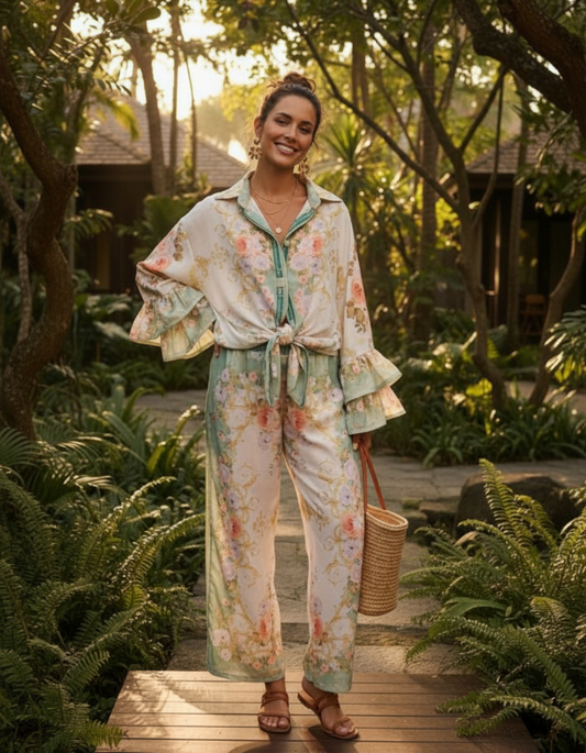 "Fern" Pastel Peony Shirt Pant Set