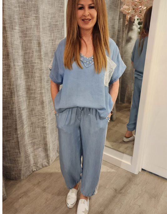 Pearl Pocket & Lace Trim Pants