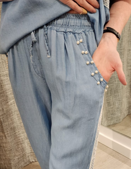 Pearl Pocket & Lace Trim Pants