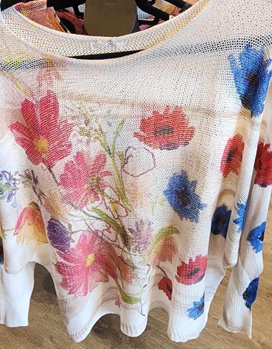 Light-weight Batwing Printed Knit - Pink & Blue Flowers
