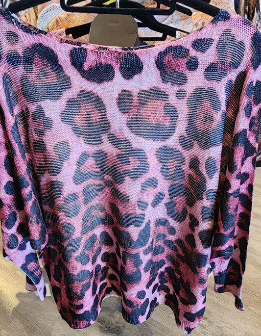 Light-weight Batwing Printed Knit - Pink Leopard Print