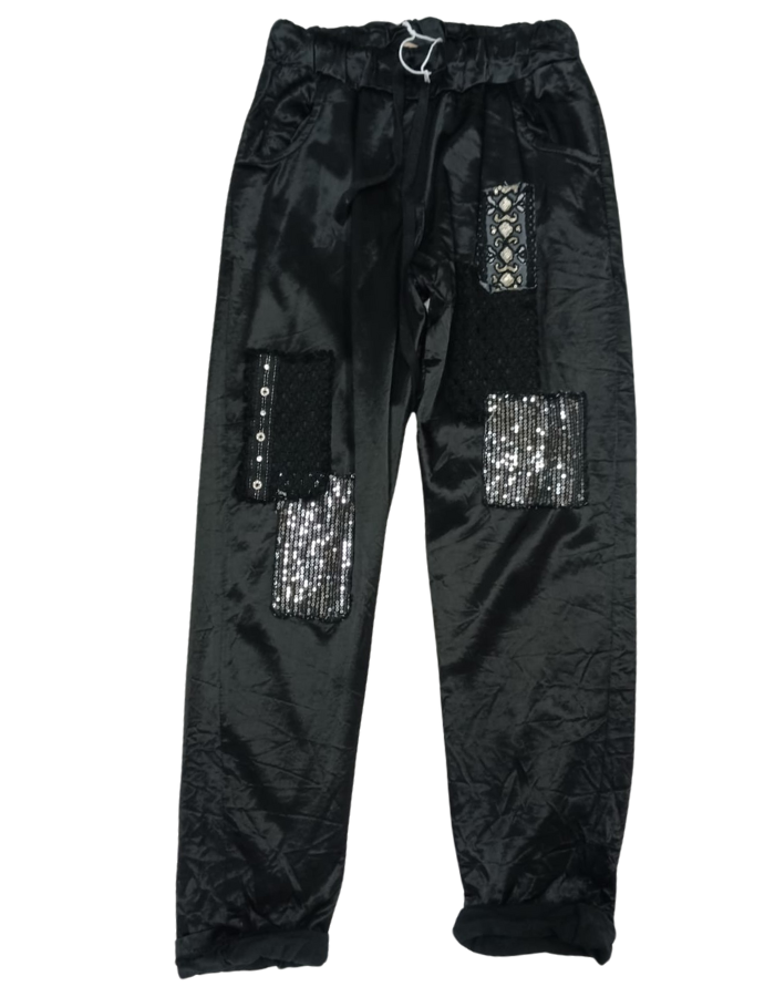 Satin Look Sequin Patch Stretch Pants