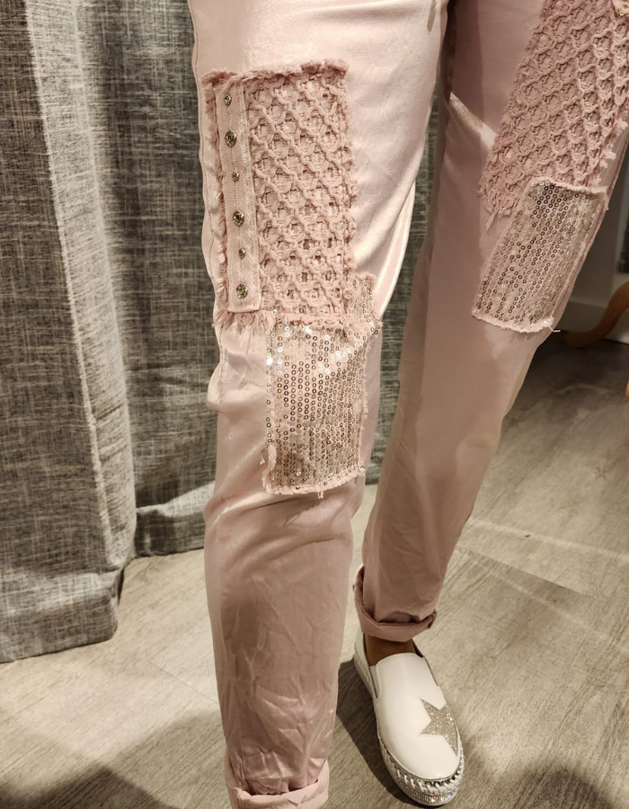 Satin Look Sequin Patch Stretch Pants
