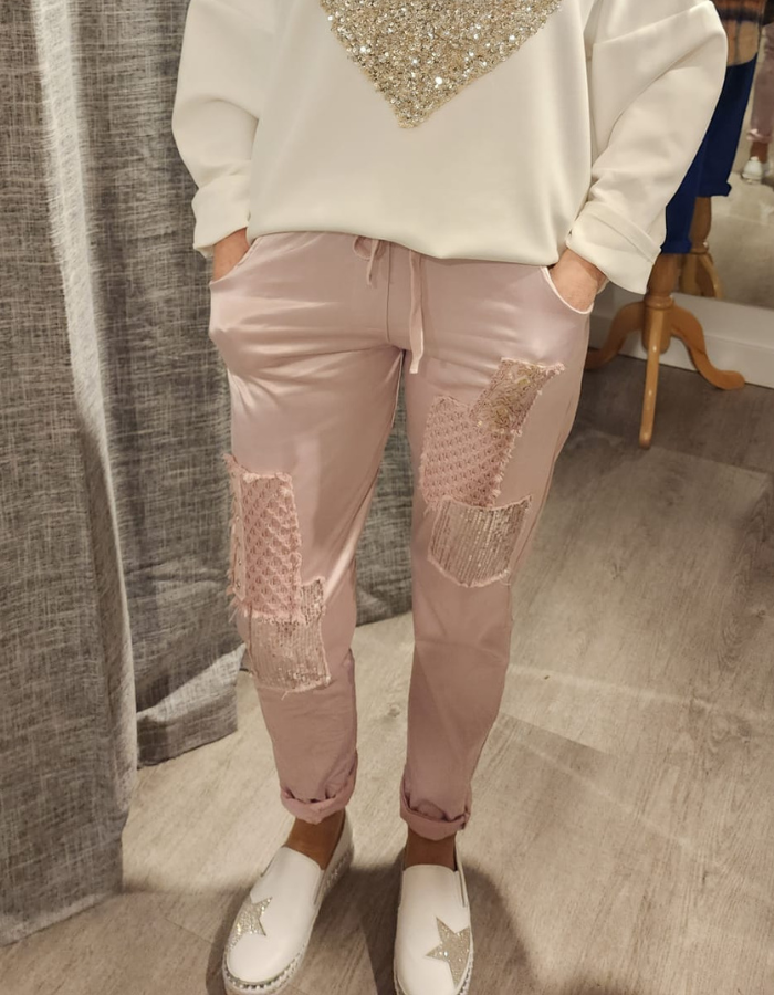 Satin Look Sequin Patch Stretch Pants
