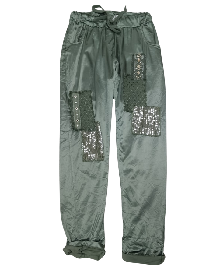Satin Look Sequin Patch Stretch Pants