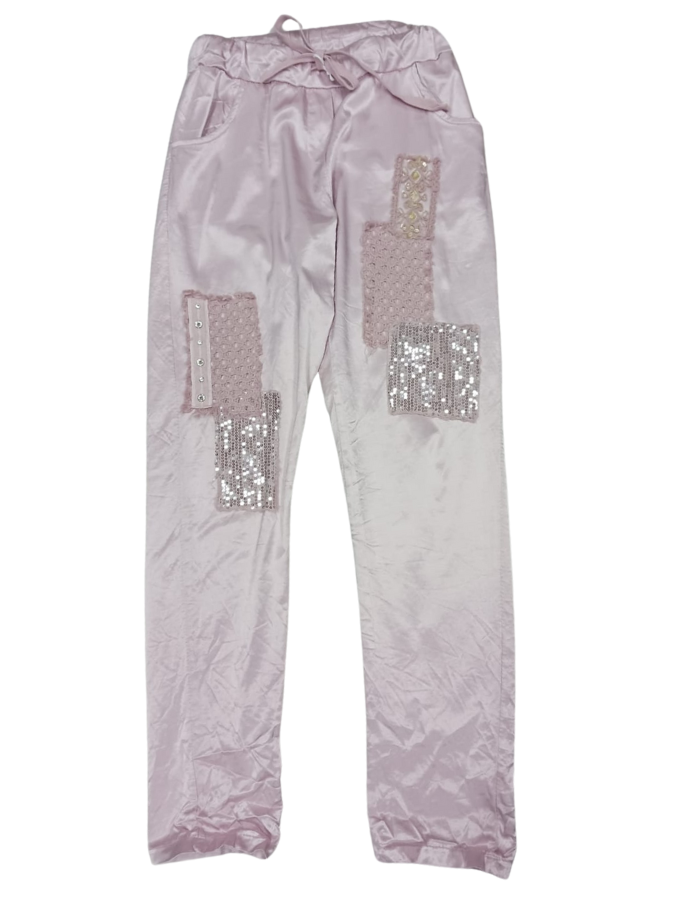 Satin Look Sequin Patch Stretch Pants