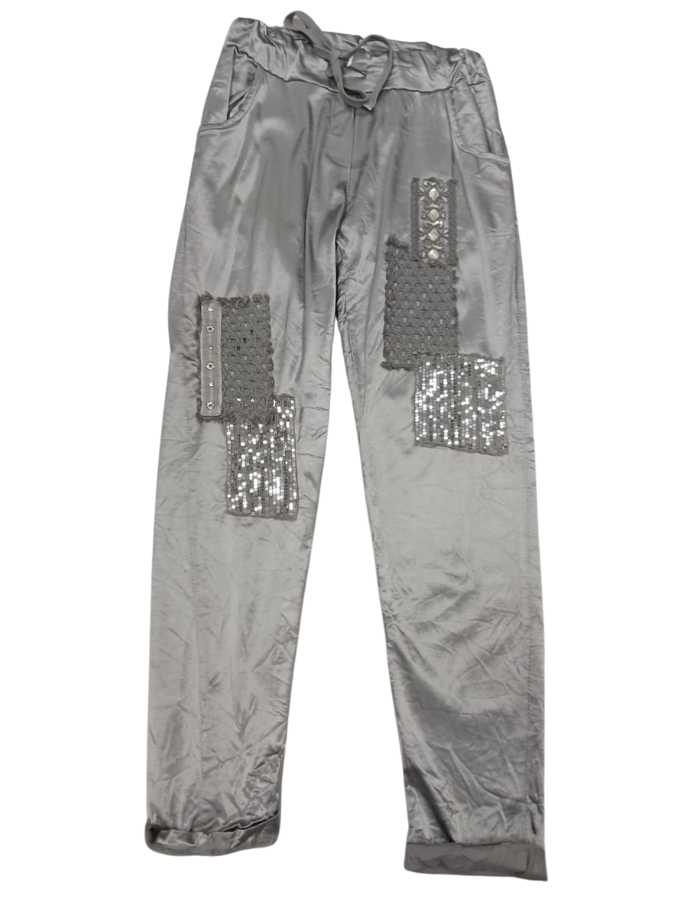 Satin Look Sequin Patch Stretch Pants