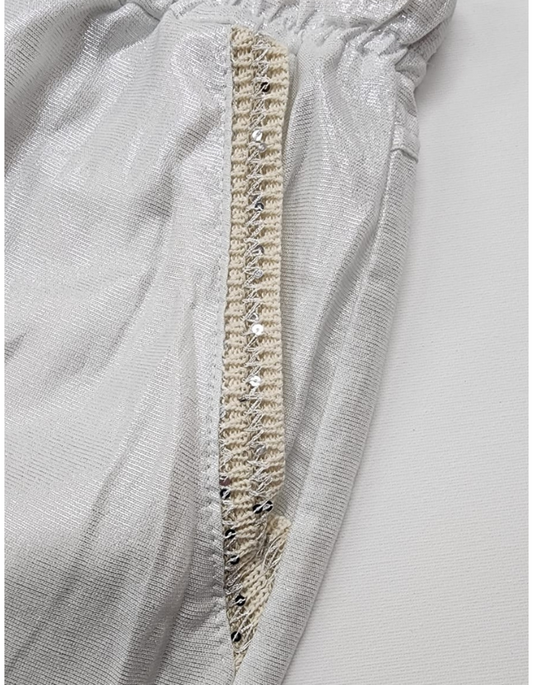 Shiny Linen Pants with Gold Braid Pocket Detail
