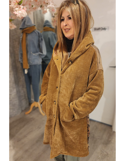 Soft Corduroy Leopard Print Hearts Coat - Brown
