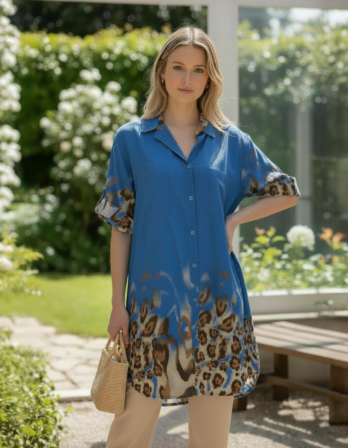 Blue Leopard Print Shirt Dress