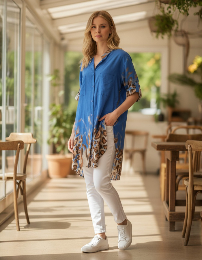 Blue Leopard Print Shirt Dress