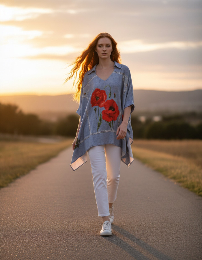 "Cassandra" Denim Poncho with Sleeves - Red Poppy