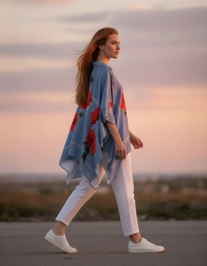 "Cassandra" Denim Poncho with Sleeves - Red Poppy