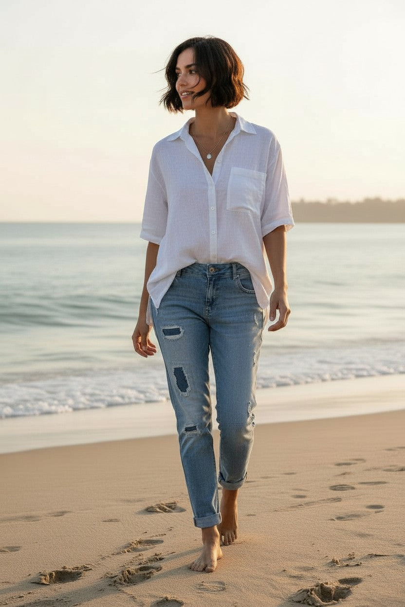 Distressed denim jeans