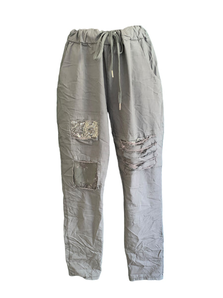 Stretch Pants with Side Pockets and Ripped Detailing