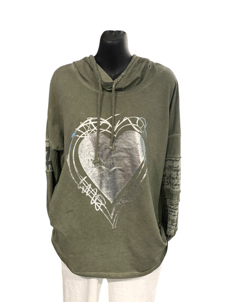 Italian Cotton Hooded Top with Silver Heart