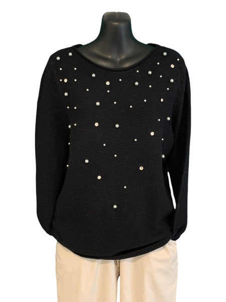 Round Neck Knit Top with Pearl and Crystal Detailing