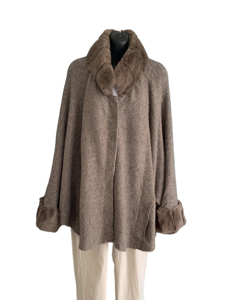 Faux Fur Knit Poncho with Three Snap Buttons