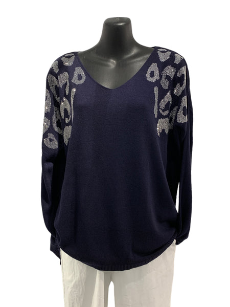 Italian V-Neck Sparkly Animal Print Knit with Washed Out Effect