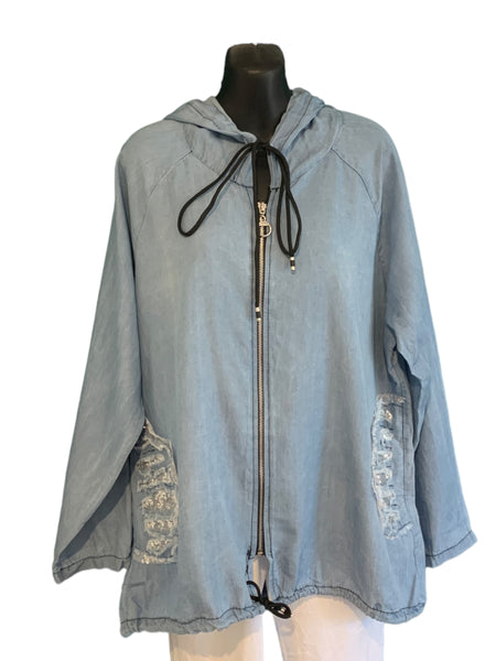 Italian Denim Hooded Top with Zipper and Sequin Pocket Detailing