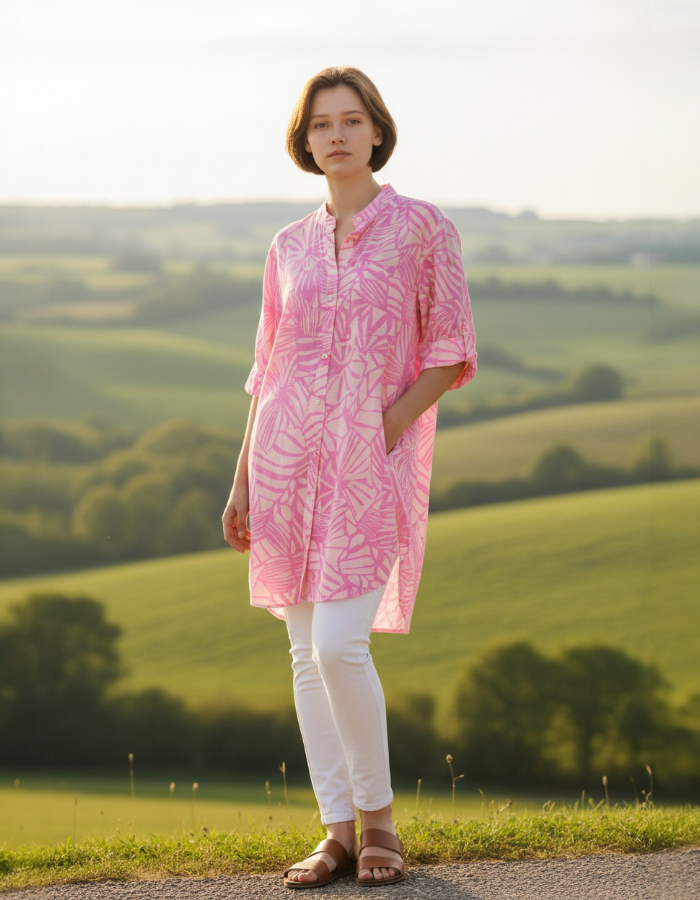 "Kaitlyn" Shirt Dress in Pink and White