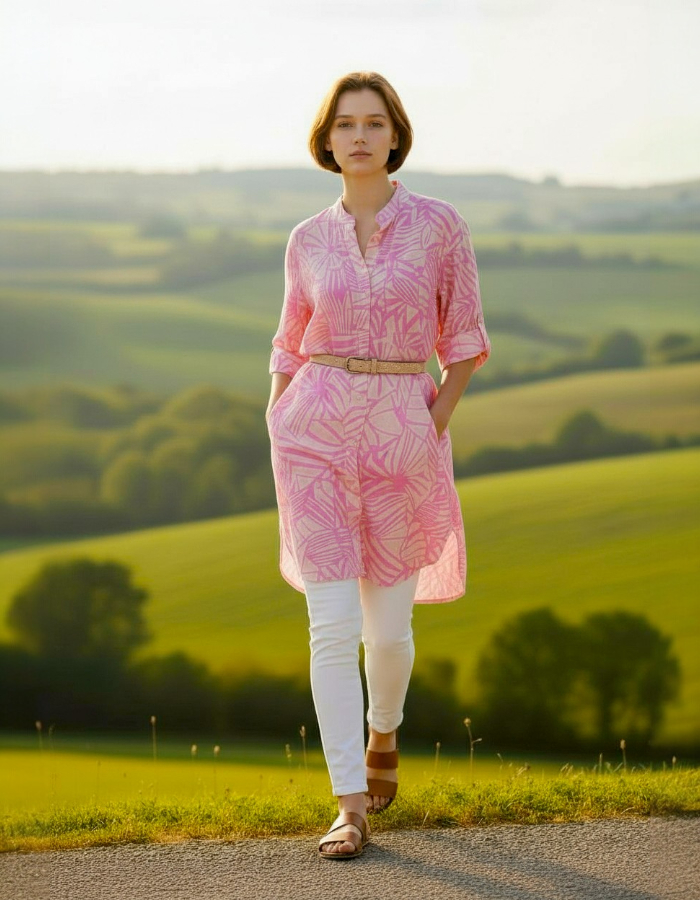 "Kaitlyn" Shirt Dress in Pink and White
