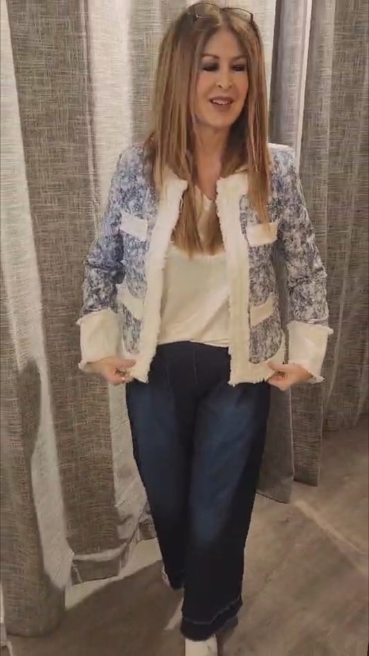 Denim & White Mottled Pattern Sparkly Fringed Jacket