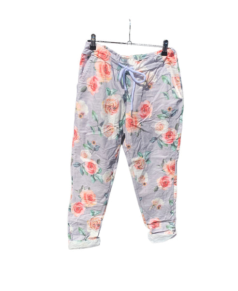 Italian Floral Stretch Pants “Roses-Grey”