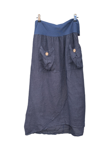 Italian Two Pocket Linen Skirt “Navy Blue”