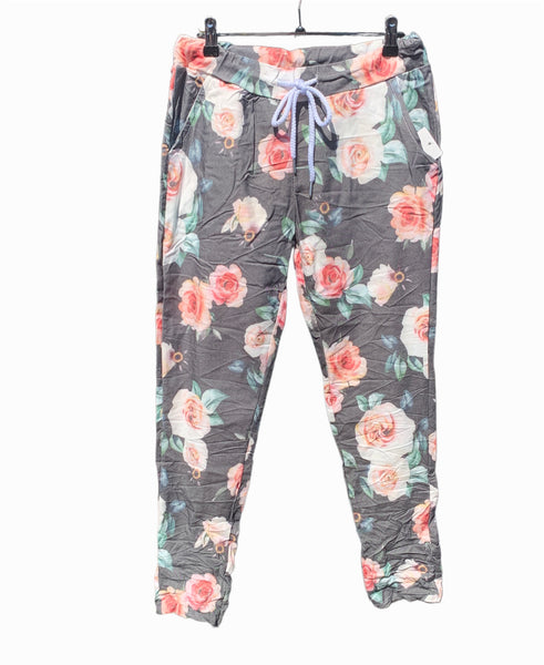 Italian Floral Stretch Pants “Roses- Black”
