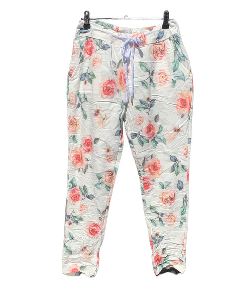 Italian Floral Stretch Pants “Roses-White”
