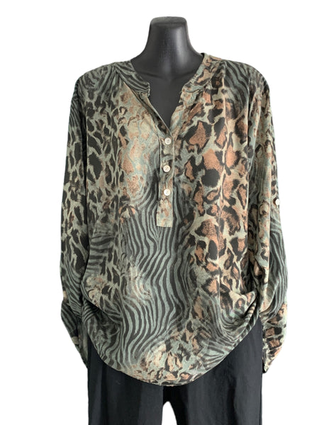 Italian Animal Print Top with Roll Up Sleeves