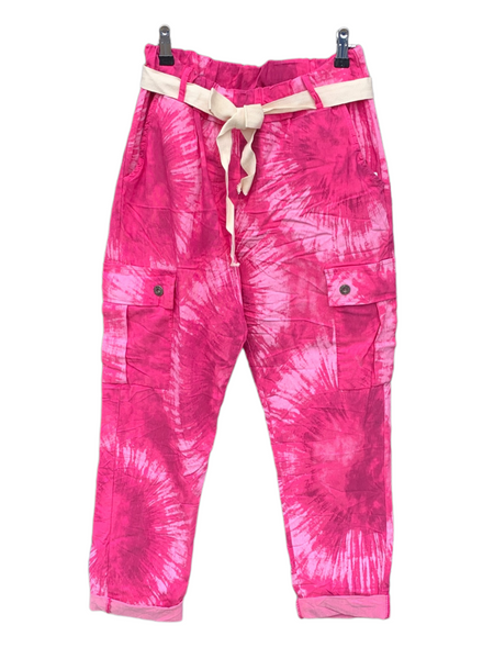 Italian Stretch Tie Dye Cargo Pants “Hot Pink”