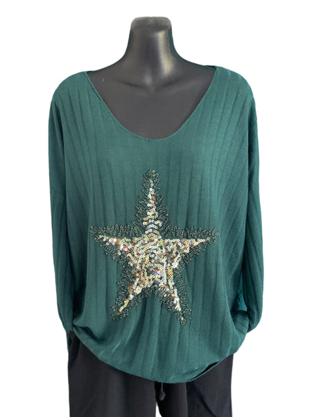 Italian Soft Ribbed Knitted Top with Sparkly Star Detailing