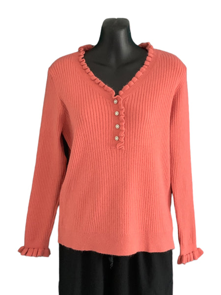 V-Neck Raggedy Edge Top with Detailed Buttons