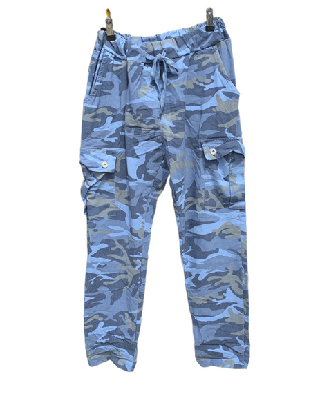 Italian Stretch Camo Cargo Pants “Cornflower Blue”