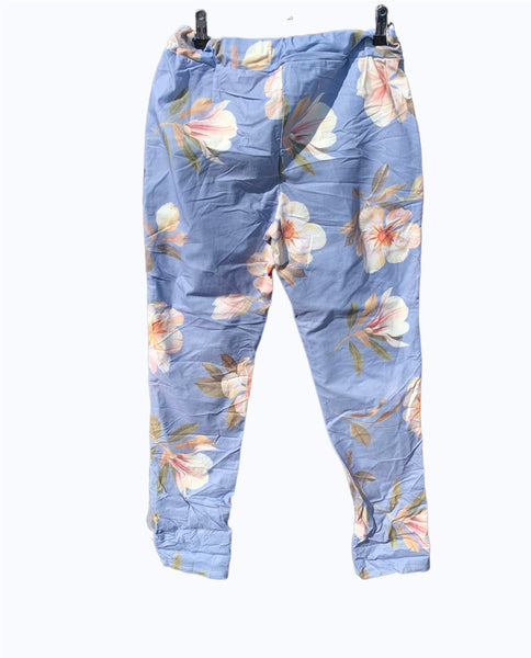Italian Floral Stretch Pants “Magnolia-Blue”